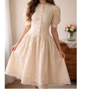 Vintage 1970s Joni Blair Prairie Dress Lace Collar Cotton Pockets USA 7